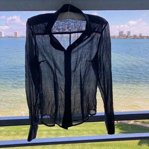 IPSE Gazebo Dark Gray Sheer Crinkled Long-sleeved Shirt - Women's Small